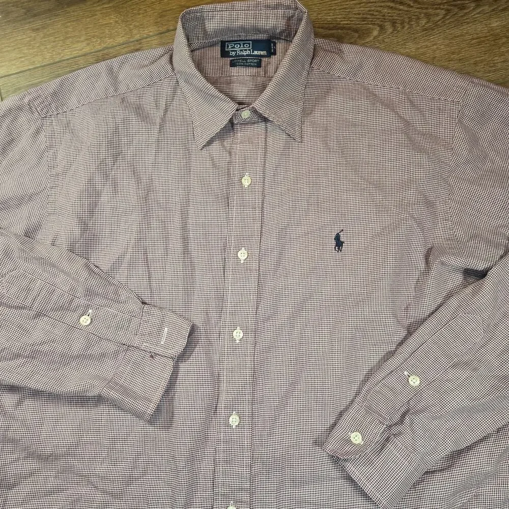 Polo Ralph Lauren Lowell Sport Shirt Mens L Burgundy Houndstooth Button Down